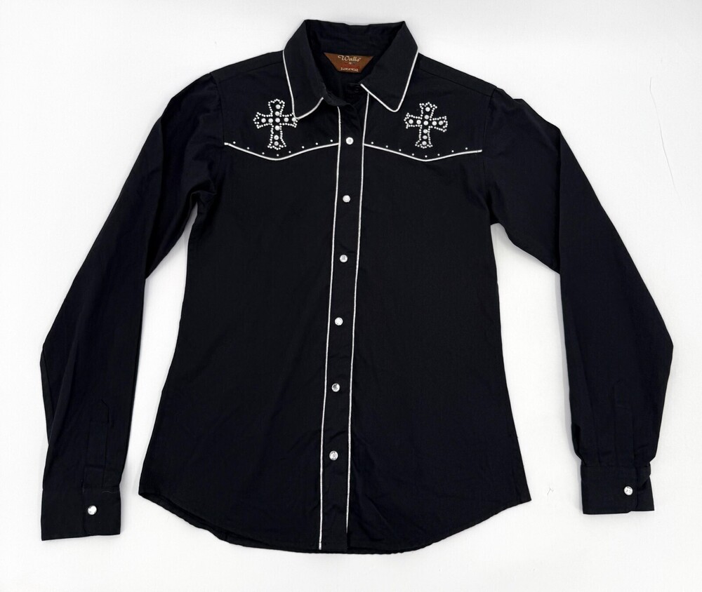 Walls Cowgirl Ranch Wear Western Shirt Womens XS Black Rhinestone Cross Snap